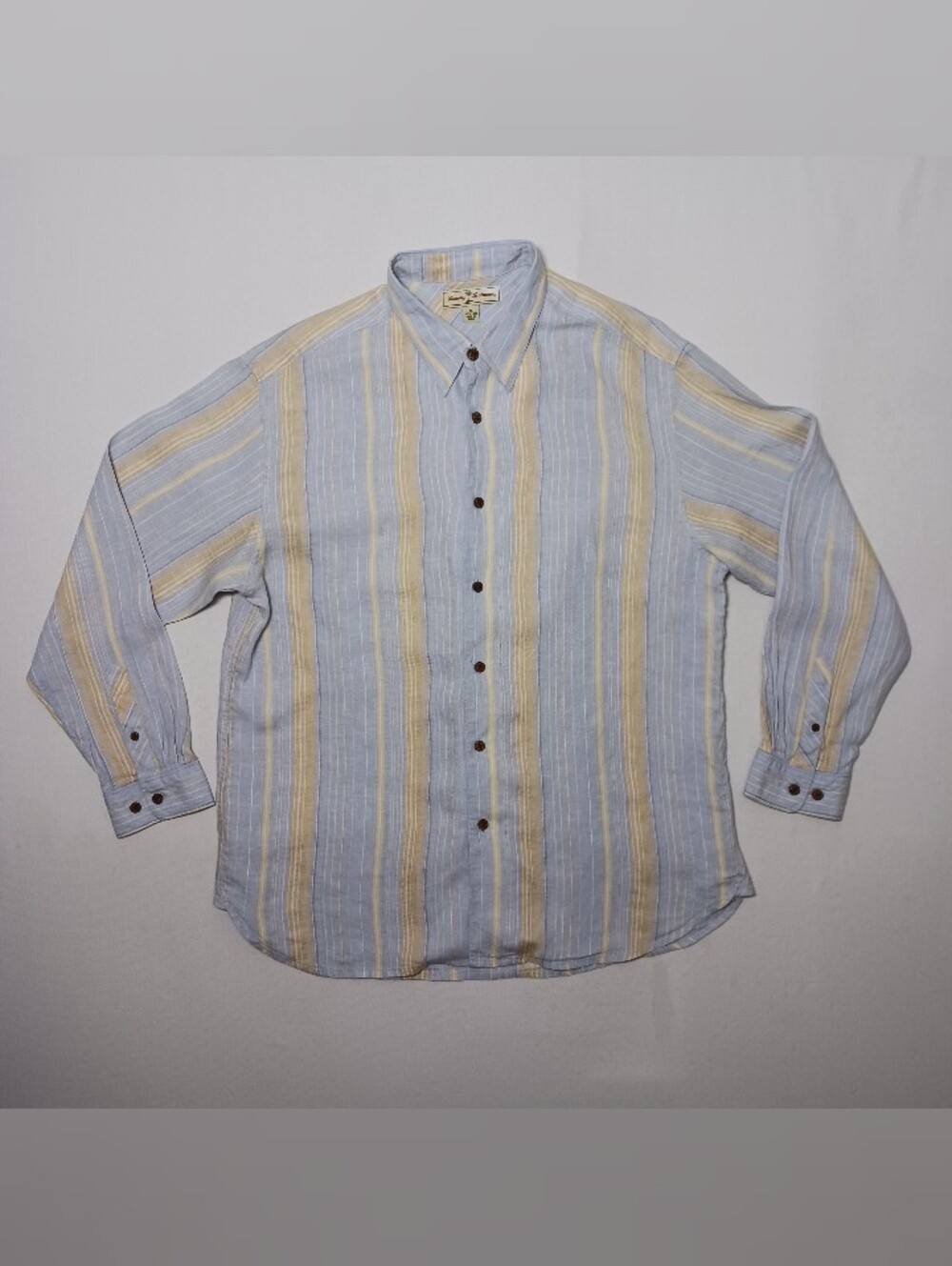 Tommy Bahama Mens Linen Striped Button Up Shirt XL Blue Yellow